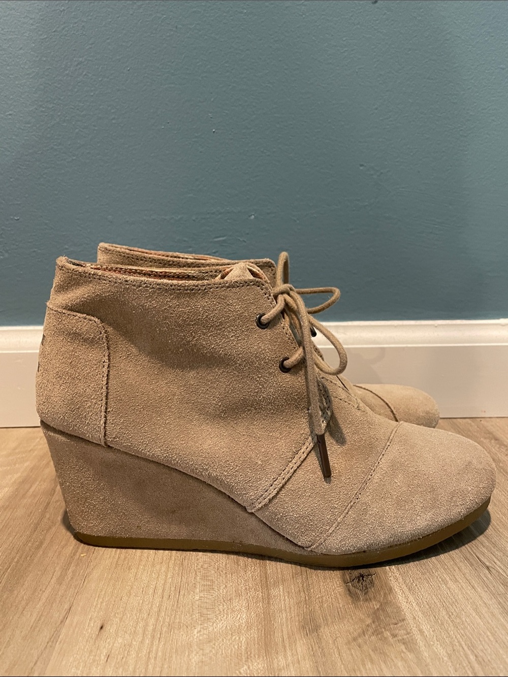 Toms Taupe Suede Lace-Up Wedge Booties